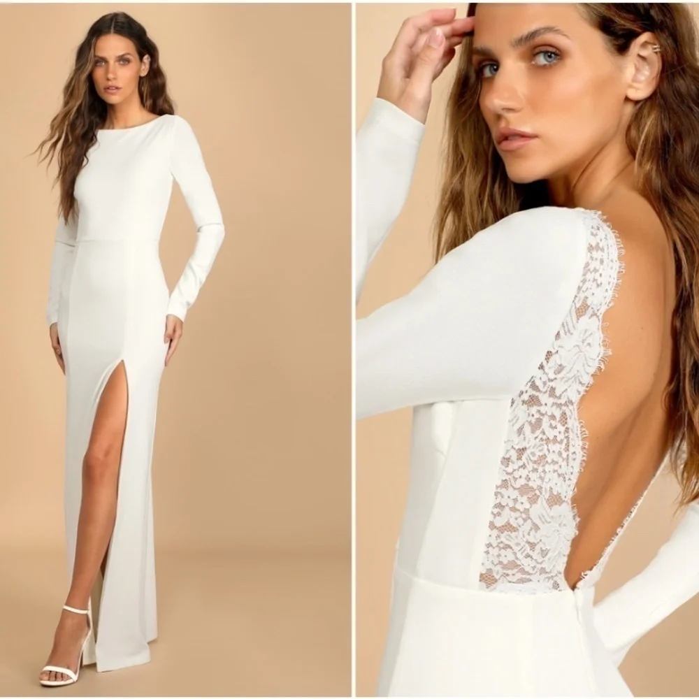 LULU's Bridal Wedding Chic Modern Sexy Minimalist Lace Trim Romantic Maxi Gown